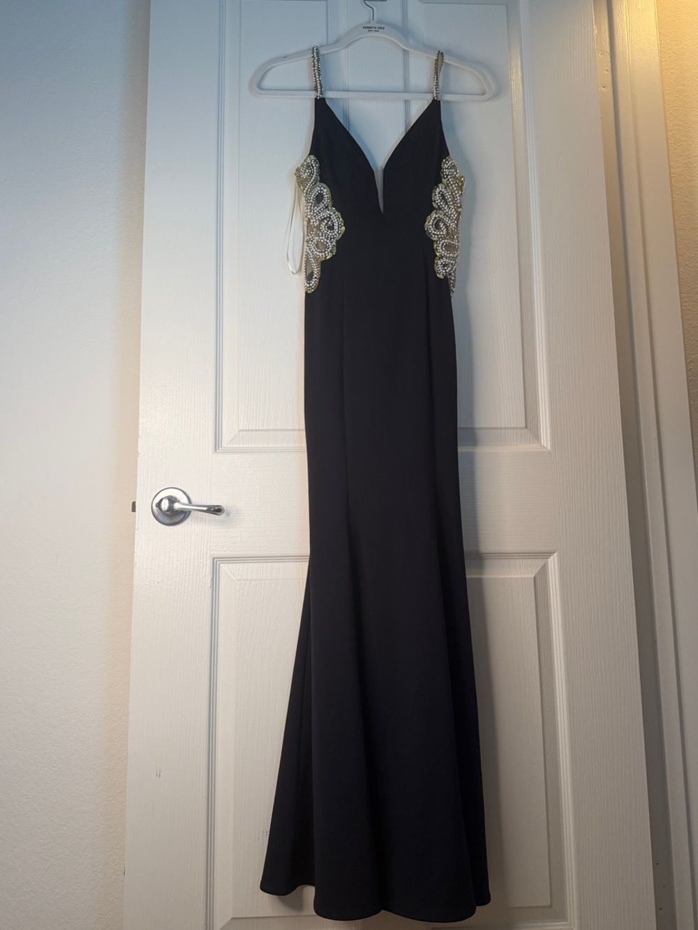 Fashion Nova Black Prom Gown with Rhinestone Side Embellishments